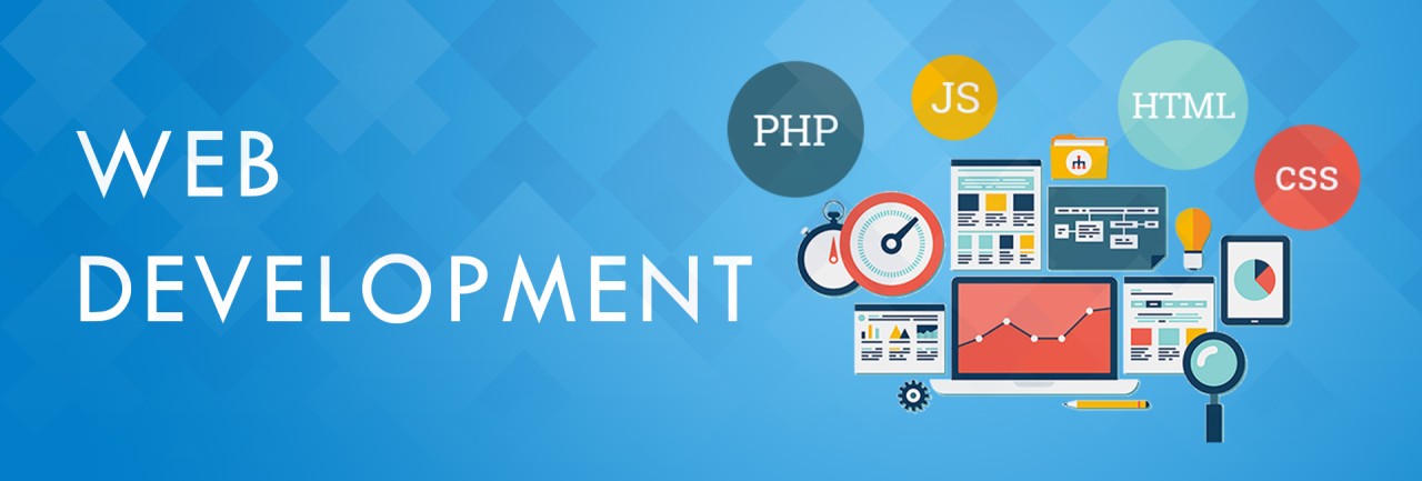 Web development concept with icons of PHP, JavaScript, HTML, CSS, and website design elements on a blue background